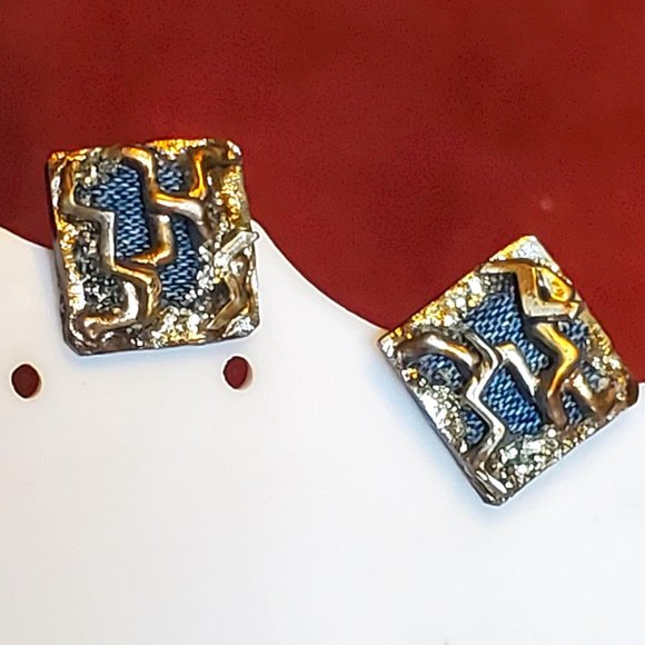 Silver Tone Square Design Pattern Stud Earrings